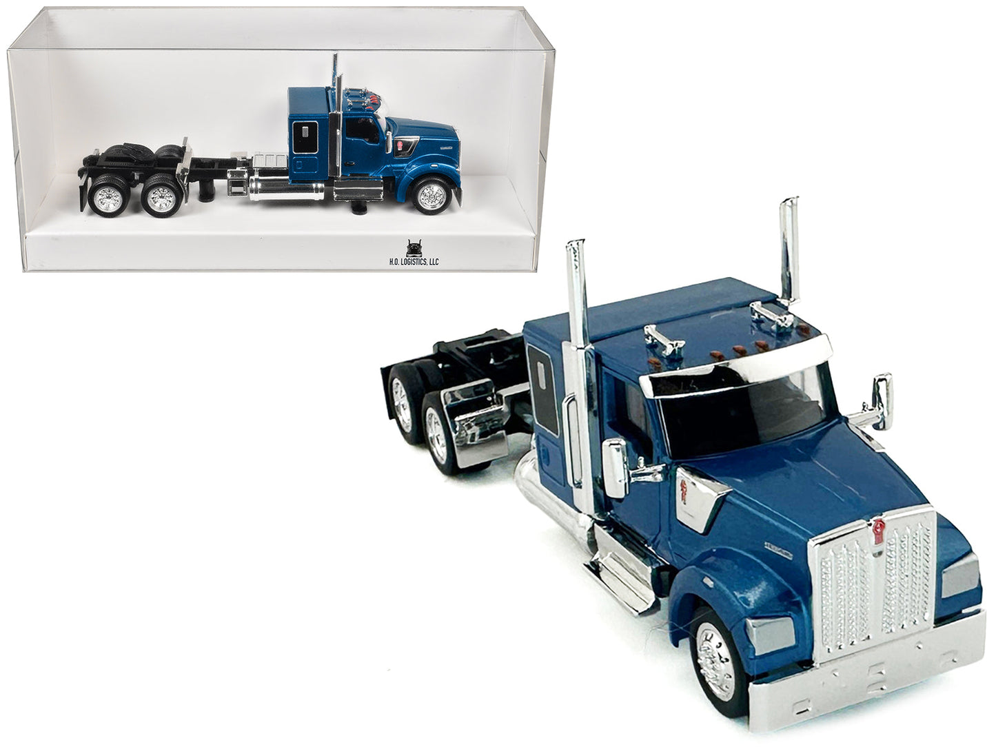 Kenworth W990 with Flat Top Sleeper Cab Blue Metallic 1/87 (HO) Plastic Model Car