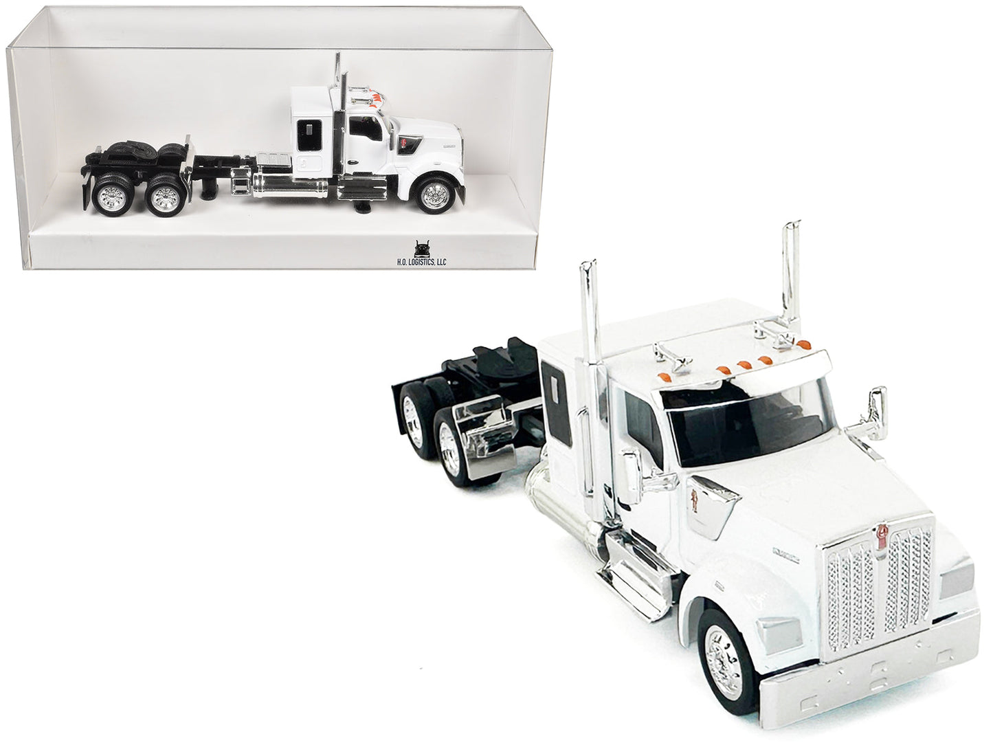 Kenworth W990 with Flat Top Sleeper Cab White 1/87 (HO) Plastic Model Car
