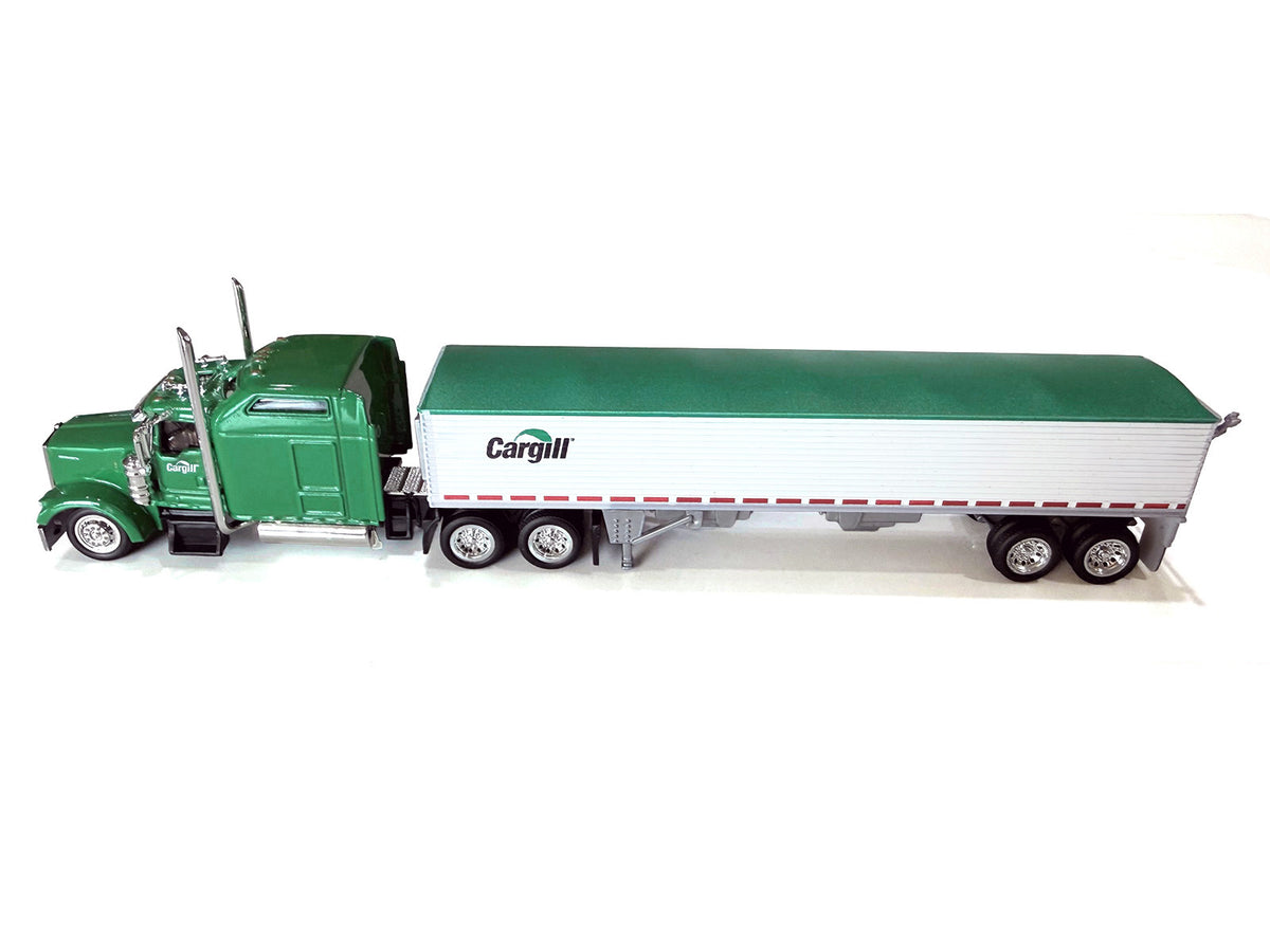Kenworth W900L Truck Tractor with Sleeper Cab "Cargill" Green and Covered Grain Trailer White with Green Tarp Combo Set 1/87 (HO) Plastic Model Car