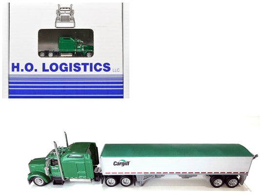 Kenworth W900L Truck Tractor with Sleeper Cab "Cargill" Green and Covered Grain Trailer White with Green Tarp Combo Set 1/87 (HO) Plastic Model Car