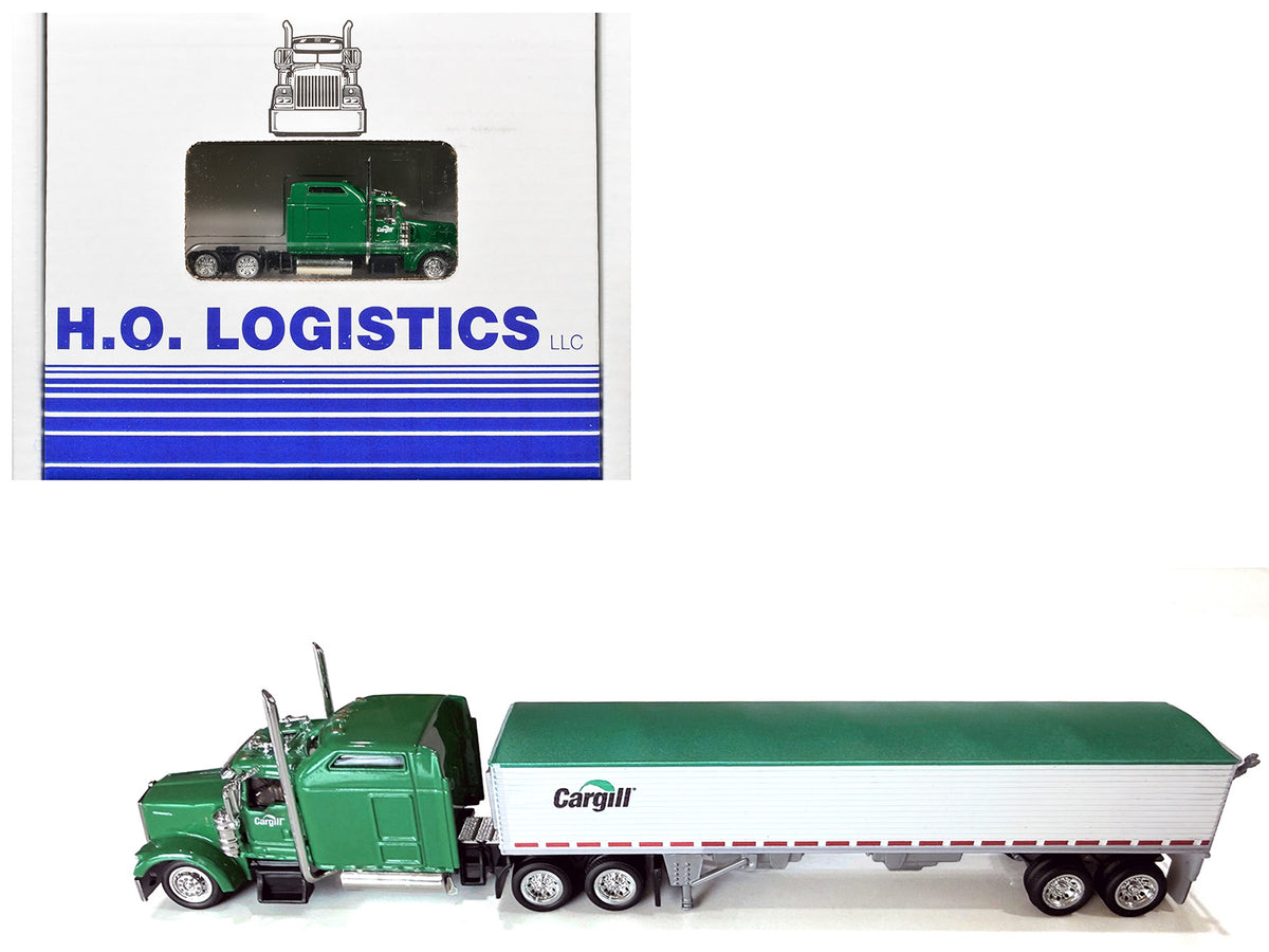 Kenworth W900L Truck Tractor with Sleeper Cab "Cargill" Green and Covered Grain Trailer White with Green Tarp Combo Set 1/87 (HO) Plastic Model Car