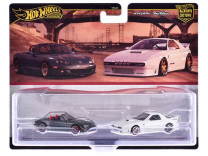 Mazda Mazdaspeed Miata Gray Metallic and Mazda RX7 FC Pandem White "Car Culture" Set of 2 Cars Diecast Model Cars