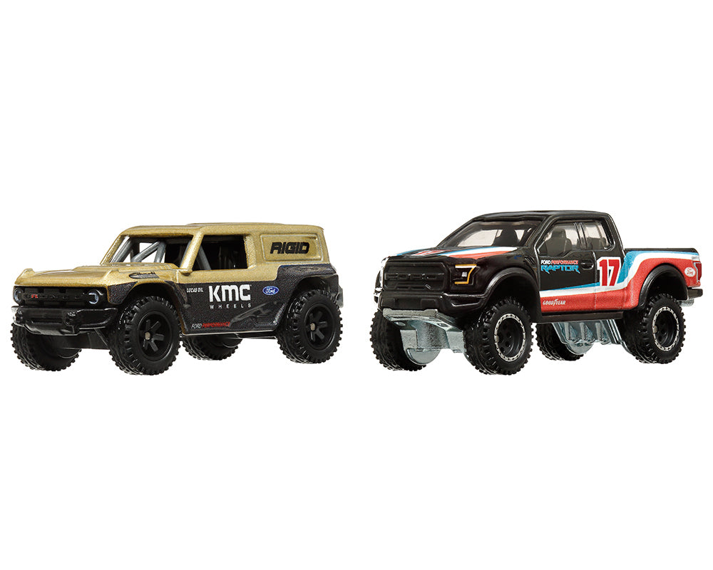 Ford Bronco R Gold Metallic and Black and 2017 Ford F-150 Raptor Pickup Truck #17 Black with Stripes "Car Culture" Set of 2 Cars Diecast Model Cars