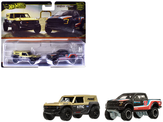 Ford Bronco R Gold Metallic and Black and 2017 Ford F-150 Raptor Pickup Truck #17 Black with Stripes "Car Culture" Set of 2 Cars Diecast Model Cars