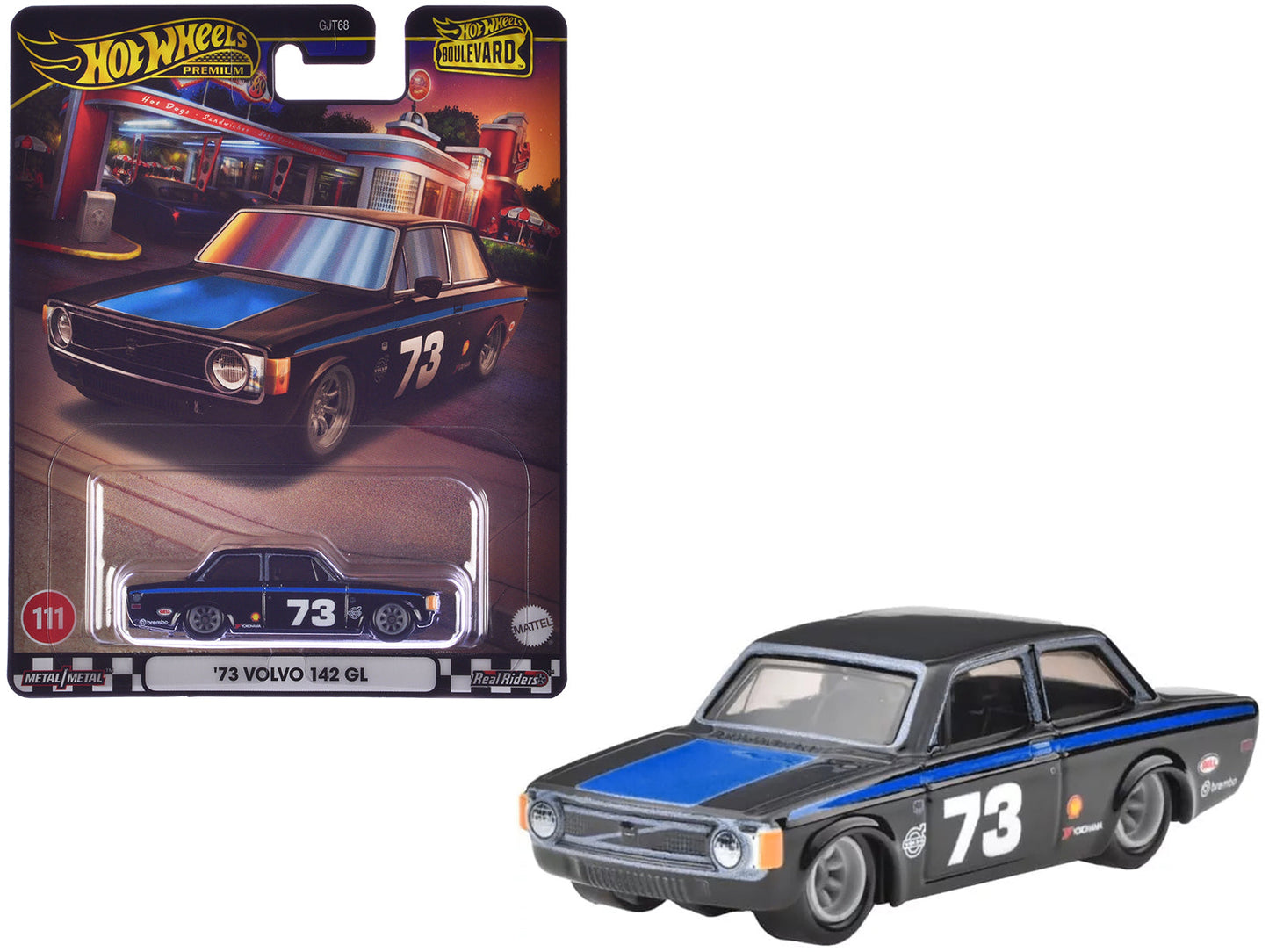 1973 Volvo 142 GL #73 Black with Blue Stripes and Hood "Boulevard" Series Diecast Model Car