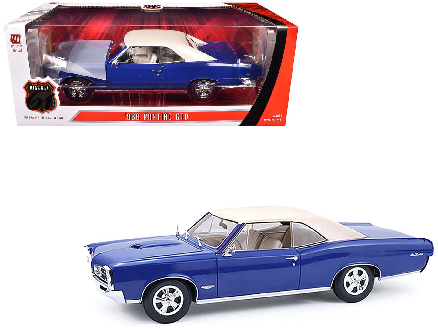1966 Pontiac GTO Barrier Blue with White Top and Interior 1/18 Diecast Model Car