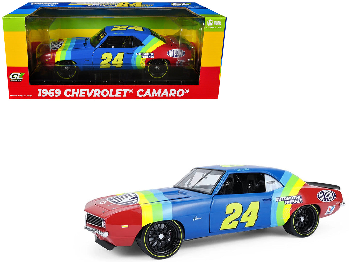 1969 Chevrolet Camaro #24 Jeff Gordon "Hendrick Motorsports First Win Tribute" Blue and Red with Rainbow Stripes 1/18 Diecast Model Car