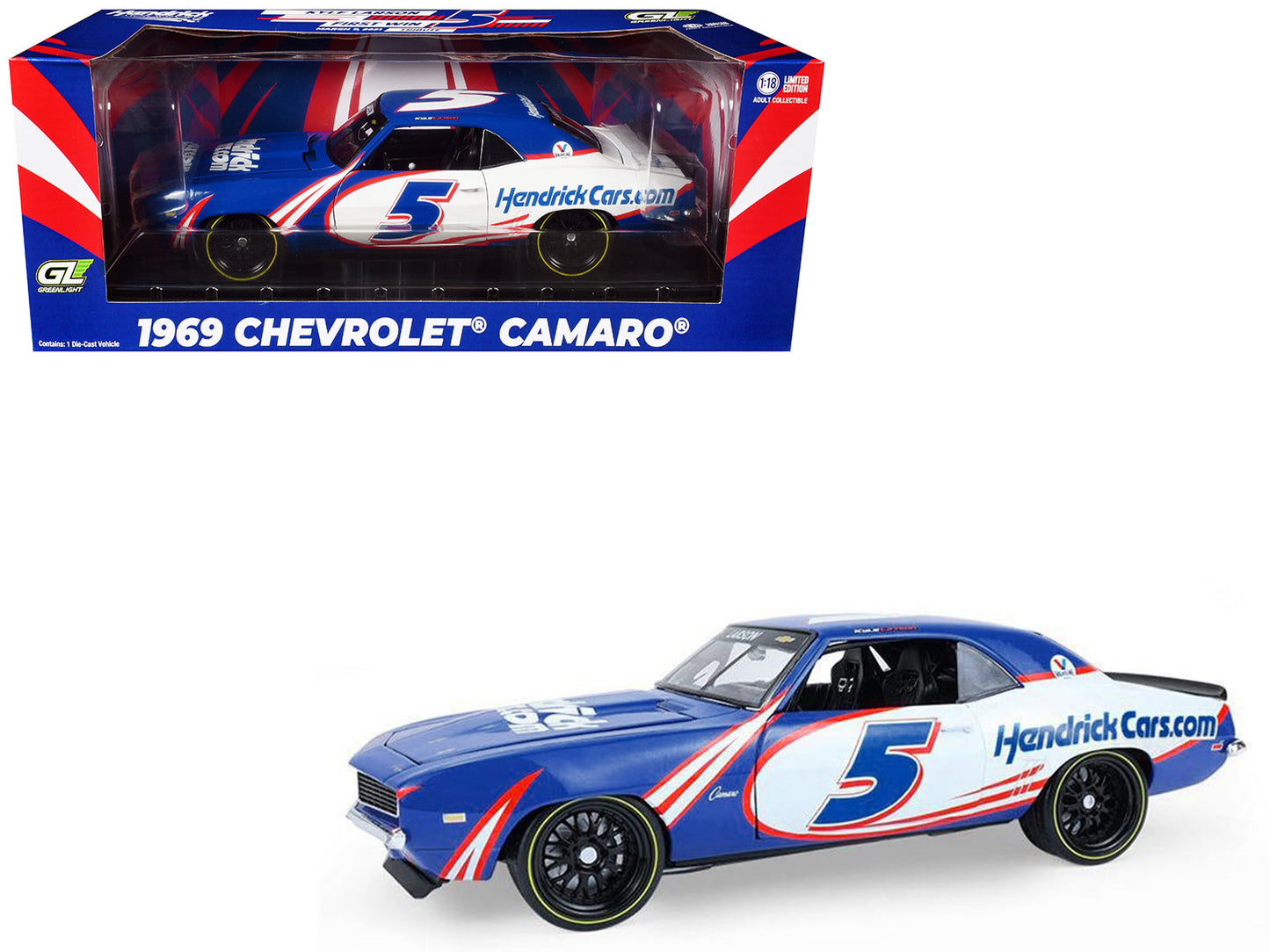 1969 Chevrolet Camaro #5 Kyle Larson "Hendrick Motorsports First Win Tribute" Blue and White with Graphics 1/18 Diecast Model Car