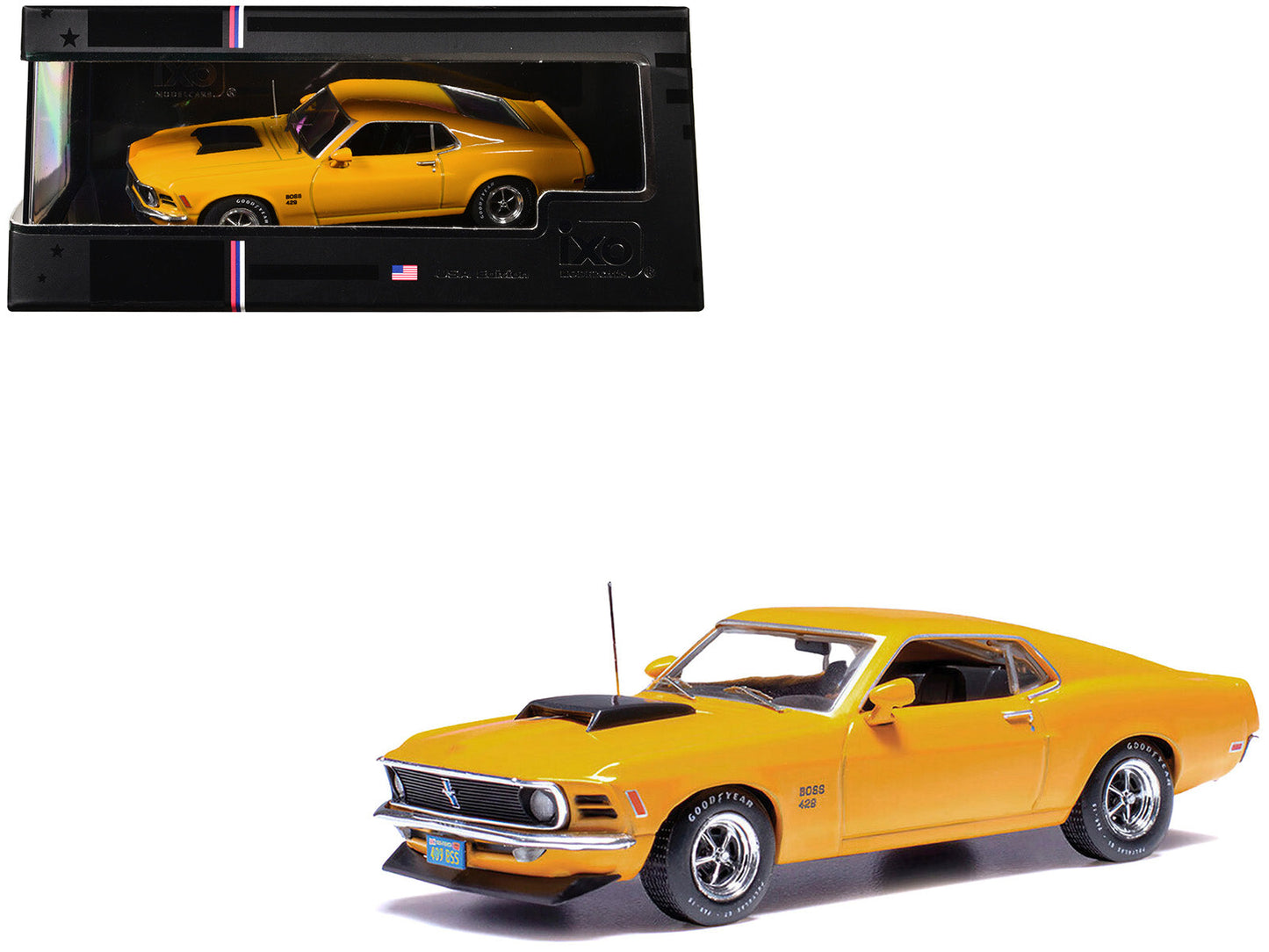 1970 Ford Mustang Boss 429 Bright Yellow with Black Hood Scoop 1/43 Diecast Model Car