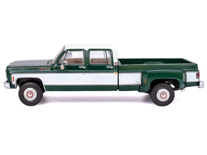 1973 GMC Sierra Grande 3500 Crew Cab Dually Pickup Truck Green and White 1/64 Diecast Model