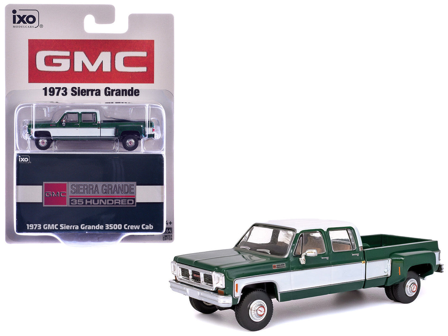 1973 GMC Sierra Grande 3500 Crew Cab Dually Pickup Truck Green and White 1/64 Diecast Model
