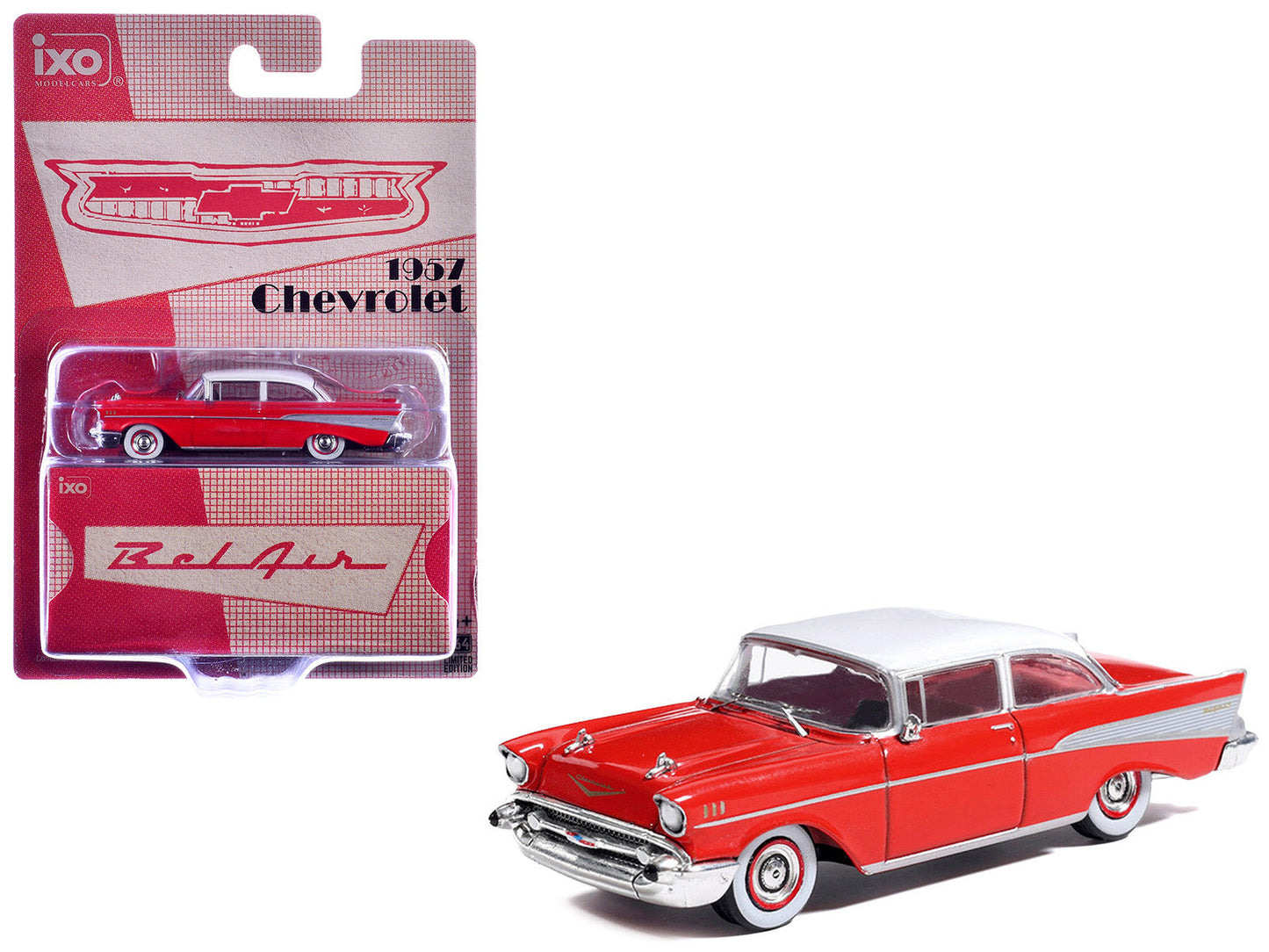 1957 Chevrolet Bel Air Red with White Top and Red Interior 1/64 Diecast Model