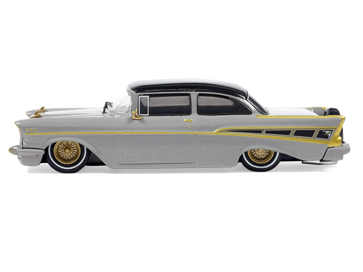 1957 Chevrolet Bel Air Lowrider Gray with Black Top and Gold Accents 1/64 Diecast Model Car