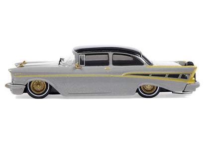 1957 Chevrolet Bel Air Lowrider Gray with Black Top and Gold Accents 1/64 Diecast Model Car