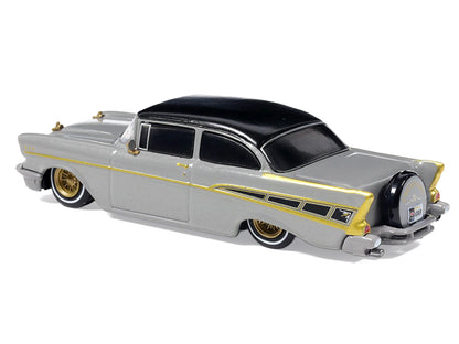 1957 Chevrolet Bel Air Lowrider Gray with Black Top and Gold Accents 1/64 Diecast Model Car