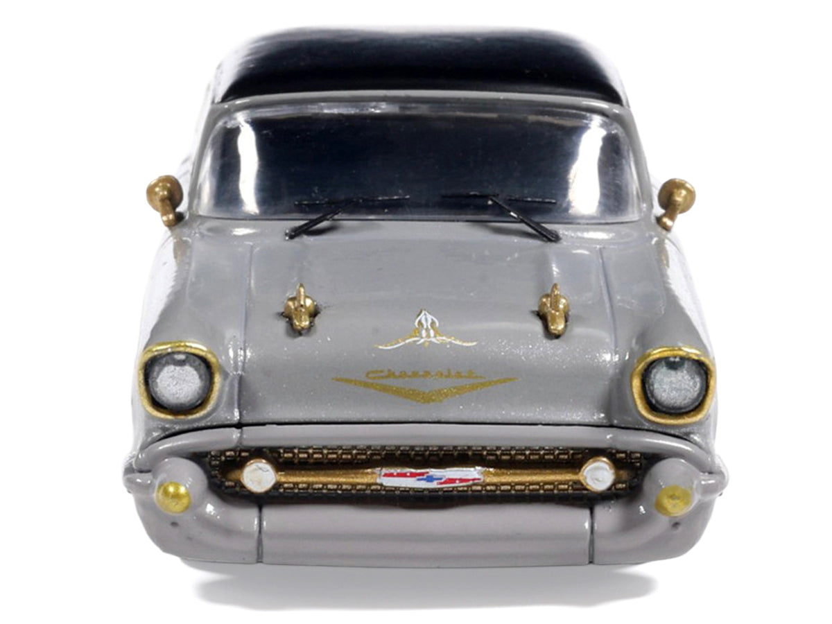1957 Chevrolet Bel Air Lowrider Gray with Black Top and Gold Accents 1/64 Diecast Model Car