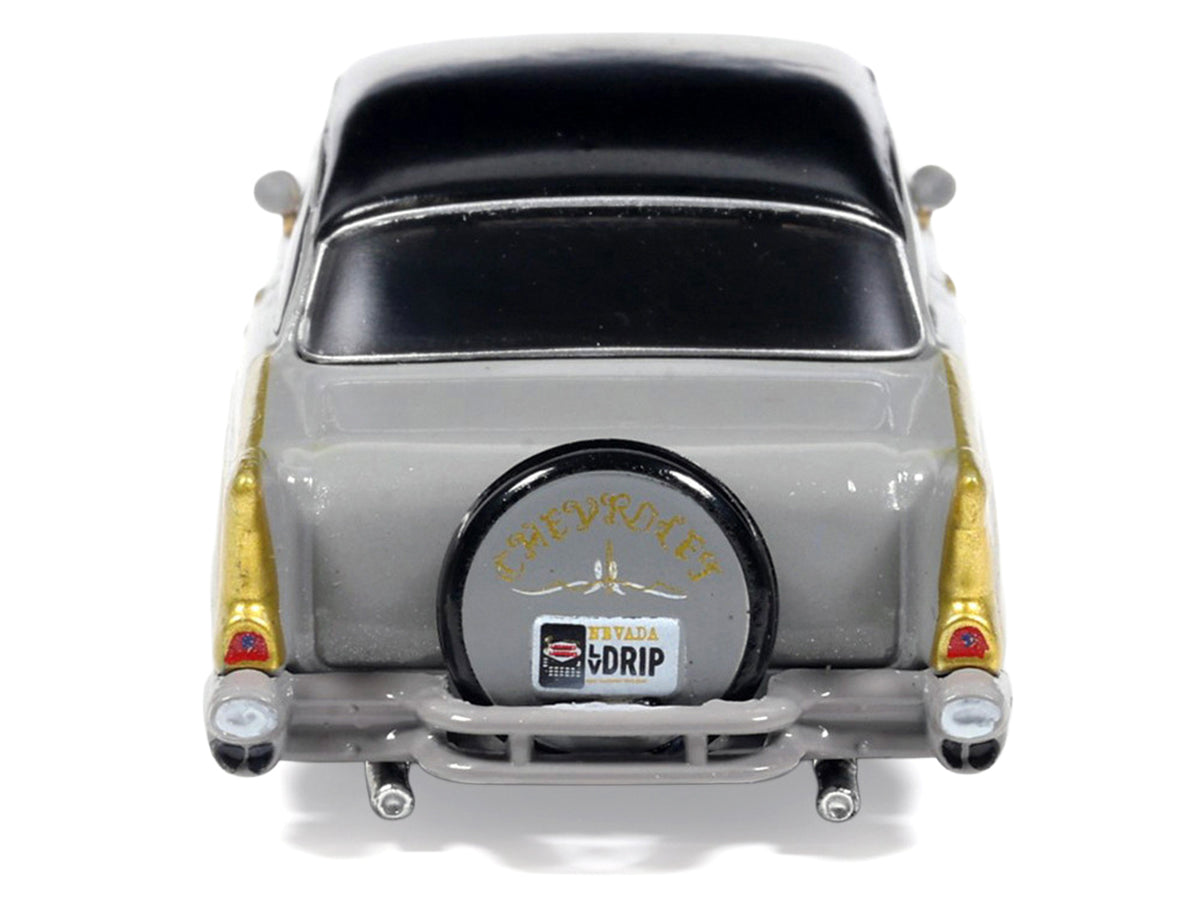 1957 Chevrolet Bel Air Lowrider Gray with Black Top and Gold Accents 1/64 Diecast Model Car