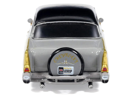 1957 Chevrolet Bel Air Lowrider Gray with Black Top and Gold Accents 1/64 Diecast Model Car