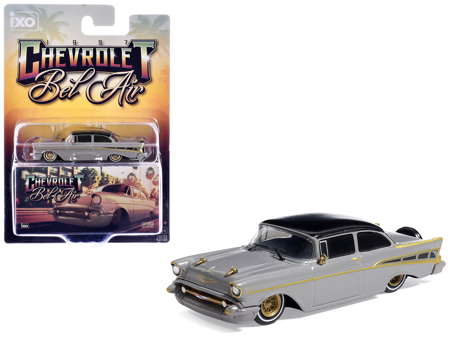 1957 Chevrolet Bel Air Lowrider Gray with Black Top and Gold Accents 1/64 Diecast Model Car