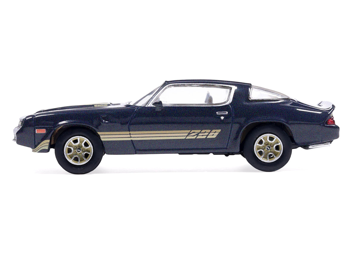 1981 Chevrolet Camaro Z28 Dark Blue Metallic with Gold Stripes and Interior 1/64 Diecast Model Car