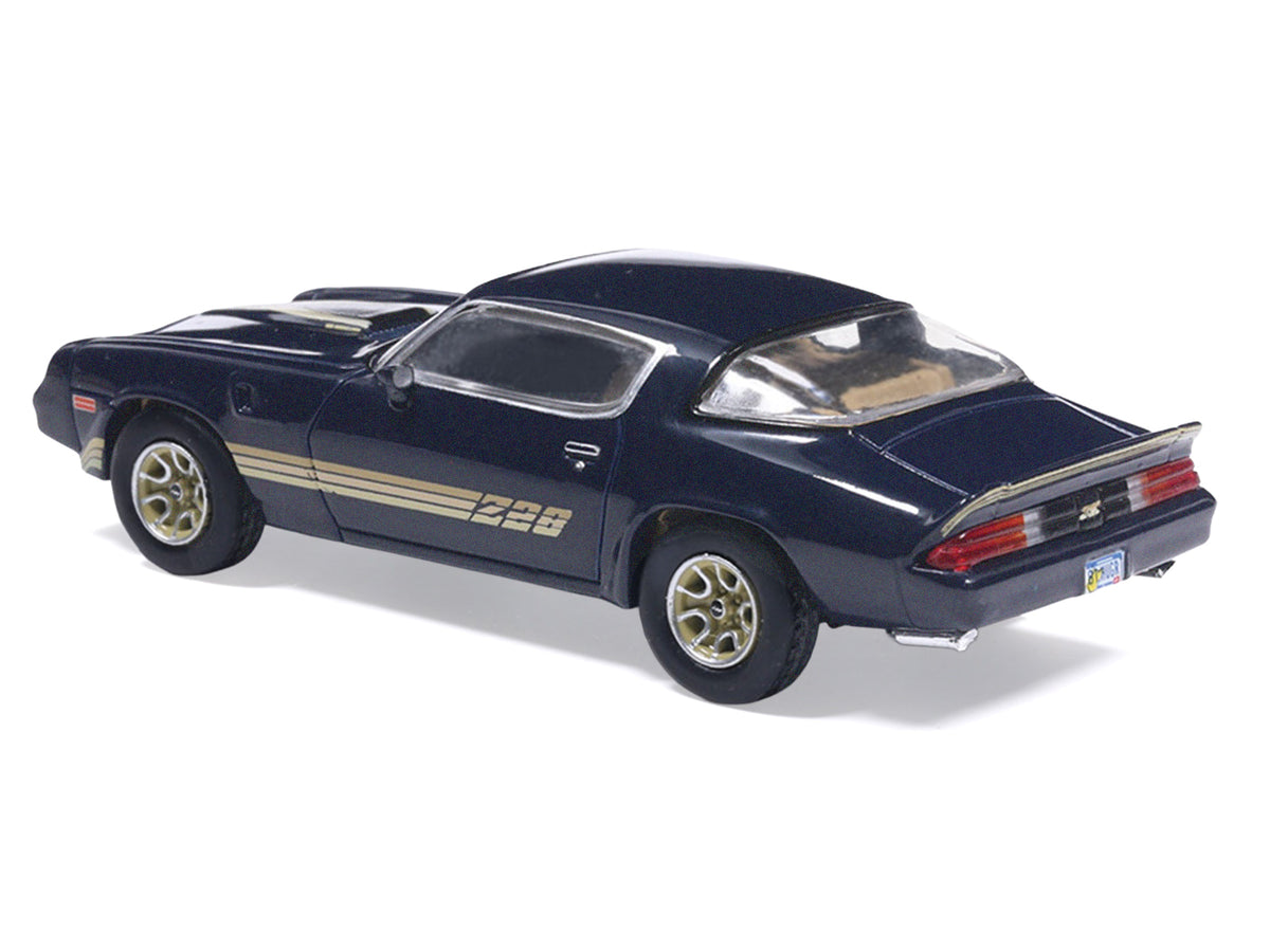 1981 Chevrolet Camaro Z28 Dark Blue Metallic with Gold Stripes and Interior 1/64 Diecast Model Car