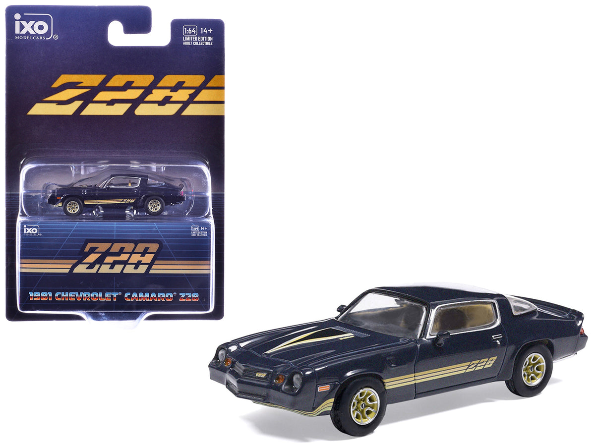 1981 Chevrolet Camaro Z28 Dark Blue Metallic with Gold Stripes and Interior 1/64 Diecast Model Car