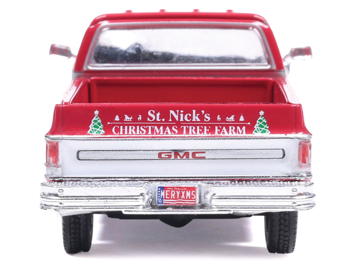 1976 GMC Sierra Grande K2500 Wideside Pickup Truck "St. Nick's Christmas Tree Farm" Red with White Sides "Christmas Limited Edition" 1/64 Diecast Model Car
