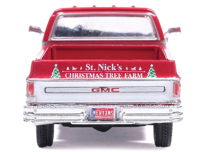 1976 GMC Sierra Grande K2500 Wideside Pickup Truck "St. Nick's Christmas Tree Farm" Red with White Sides "Christmas Limited Edition" 1/64 Diecast Model Car