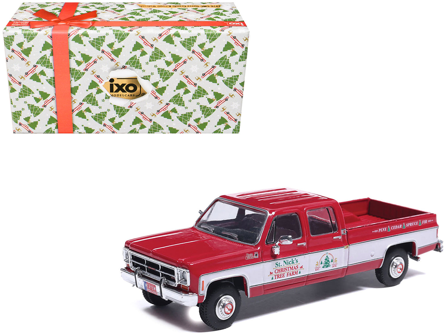 1976 GMC Sierra Grande K2500 Wideside Pickup Truck "St. Nick's Christmas Tree Farm" Red with White Sides "Christmas Limited Edition" 1/64 Diecast Model Car