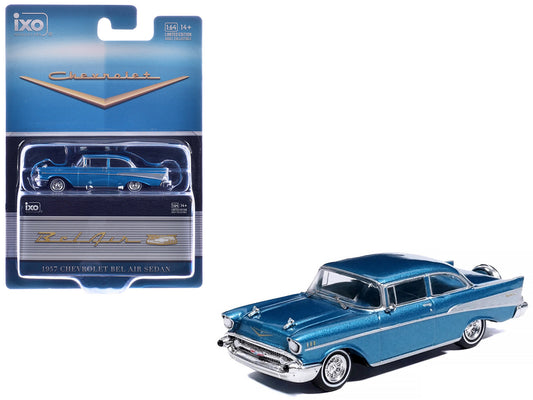 1957 Chevrolet Bel Air Sedan Harbor Blue Metallic with Blue Interior 1/64 Diecast Model Car