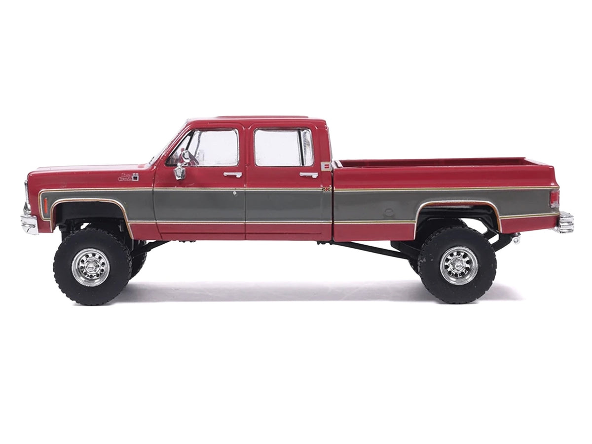 1977 GMC Sierra Grande K2500 Wideside Crew Cab Pickup Truck Dark Red Metallic with Gray Side Stripes 1/64 Diecast Model Car