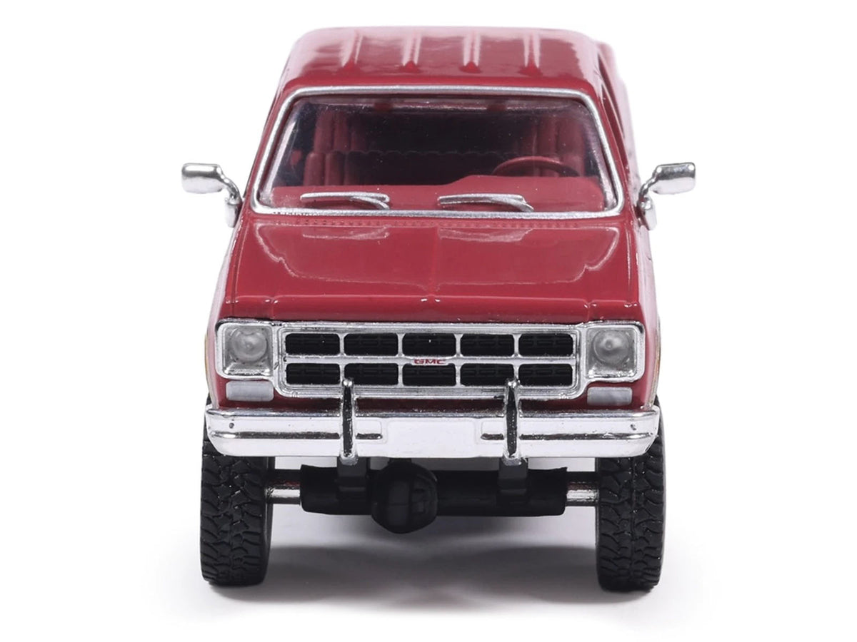 1977 GMC Sierra Grande K2500 Wideside Crew Cab Pickup Truck Dark Red Metallic with Gray Side Stripes 1/64 Diecast Model Car