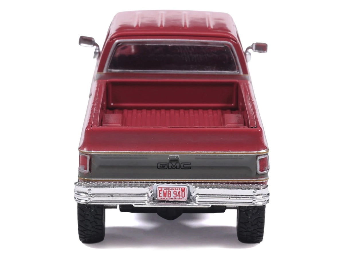 1977 GMC Sierra Grande K2500 Wideside Crew Cab Pickup Truck Dark Red Metallic with Gray Side Stripes 1/64 Diecast Model Car