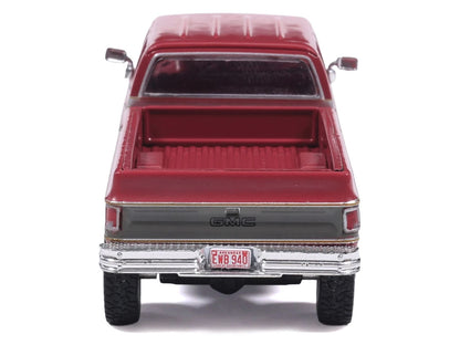 1977 GMC Sierra Grande K2500 Wideside Crew Cab Pickup Truck Dark Red Metallic with Gray Side Stripes 1/64 Diecast Model Car