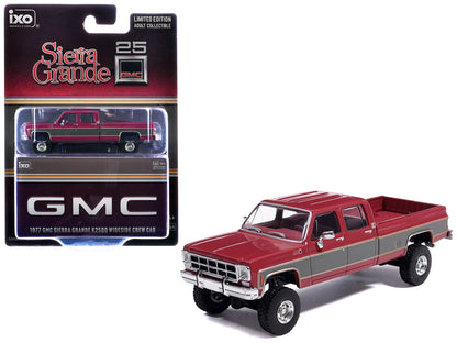 1977 GMC Sierra Grande K2500 Wideside Crew Cab Pickup Truck Dark Red Metallic with Gray Side Stripes 1/64 Diecast Model Car