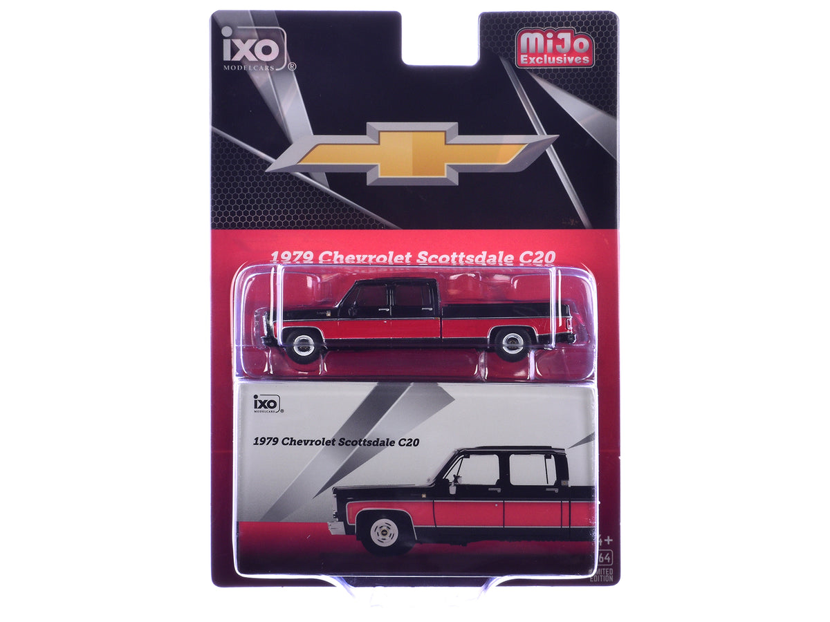 1979 Chevrolet Scottsdale C20 Crew Cab Pickup Truck Black with Red Side Stripes Limited Edition 1/64 Diecast Model Car