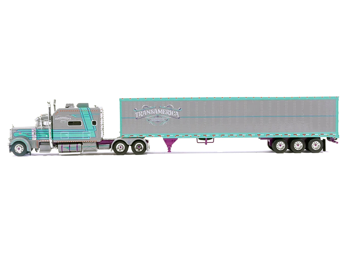 Peterbilt 379 Truck with Sleeper and Dry Goods Trailer "TransAmerica" Gray with Seafoam Green Graphics "J1 Diecast" Series 1/64 Diecast Model