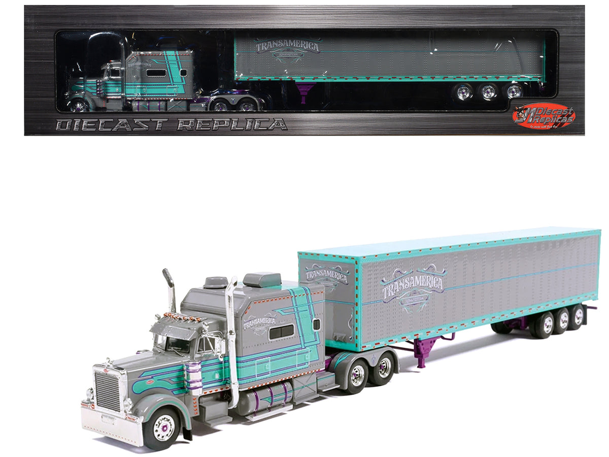 Peterbilt 379 Truck with Sleeper and Dry Goods Trailer "TransAmerica" Gray with Seafoam Green Graphics "J1 Diecast" Series 1/64 Diecast Model