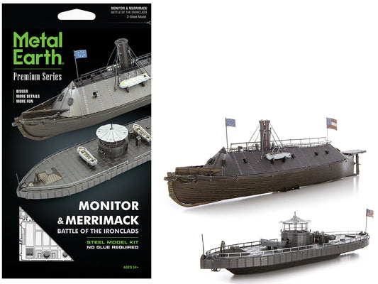 Model Kit USS Monitor and USS Merrimack Ironclad Warships "Battle of the Ironclads" (Challenging Difficulty) Steel Model