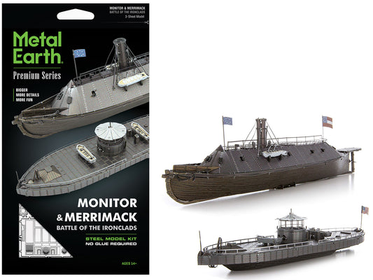 Model Kit USS Monitor and USS Merrimack Ironclad Warships "Battle of the Ironclads" (Challenging Difficulty) Steel Model