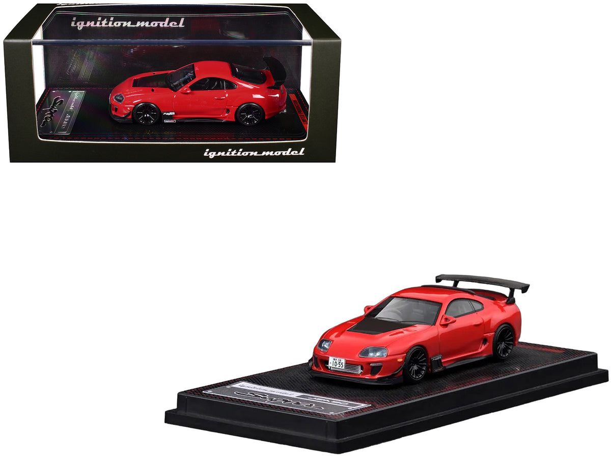 Toyota Supra (JZA80) RZ RHD (Right Hand Drive) Red with Carbon Hood 1/64 Diecast Model Car