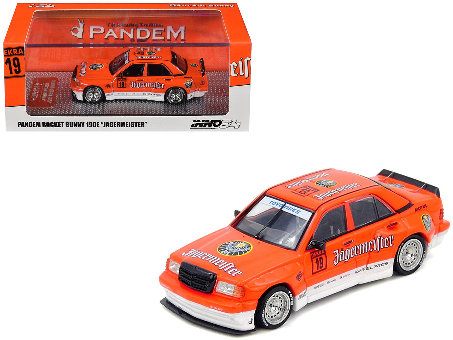 Pandem Rocket Bunny 190E #19 "Jagermeister" Orange and White 1/64 Diecast Model Car