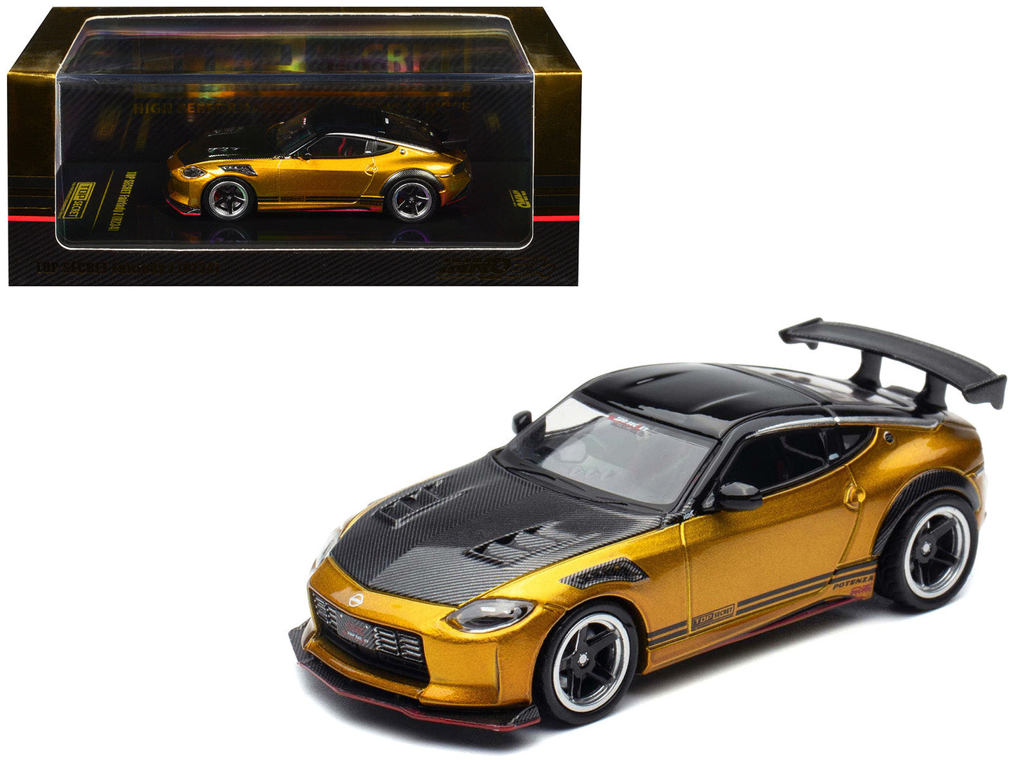 Nissan Fairlady Z Top Secret (RZ34) RHD (Right Hand Drive) Gold Metallic with Carbon Hood and Black Top 1/64 Diecast Model Car