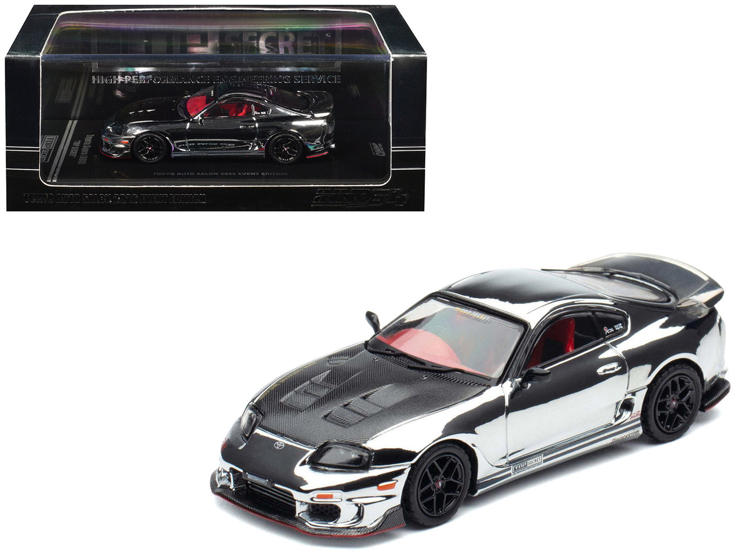 Toyota Supra (A80) "Top Secret" GT300 RHD (Right Hand Drive) Chrome with Carbon Hood and Red Interior "Tokyo Auto Salon 2026 Event Exclusive" 1/64 Diecast Model Car
