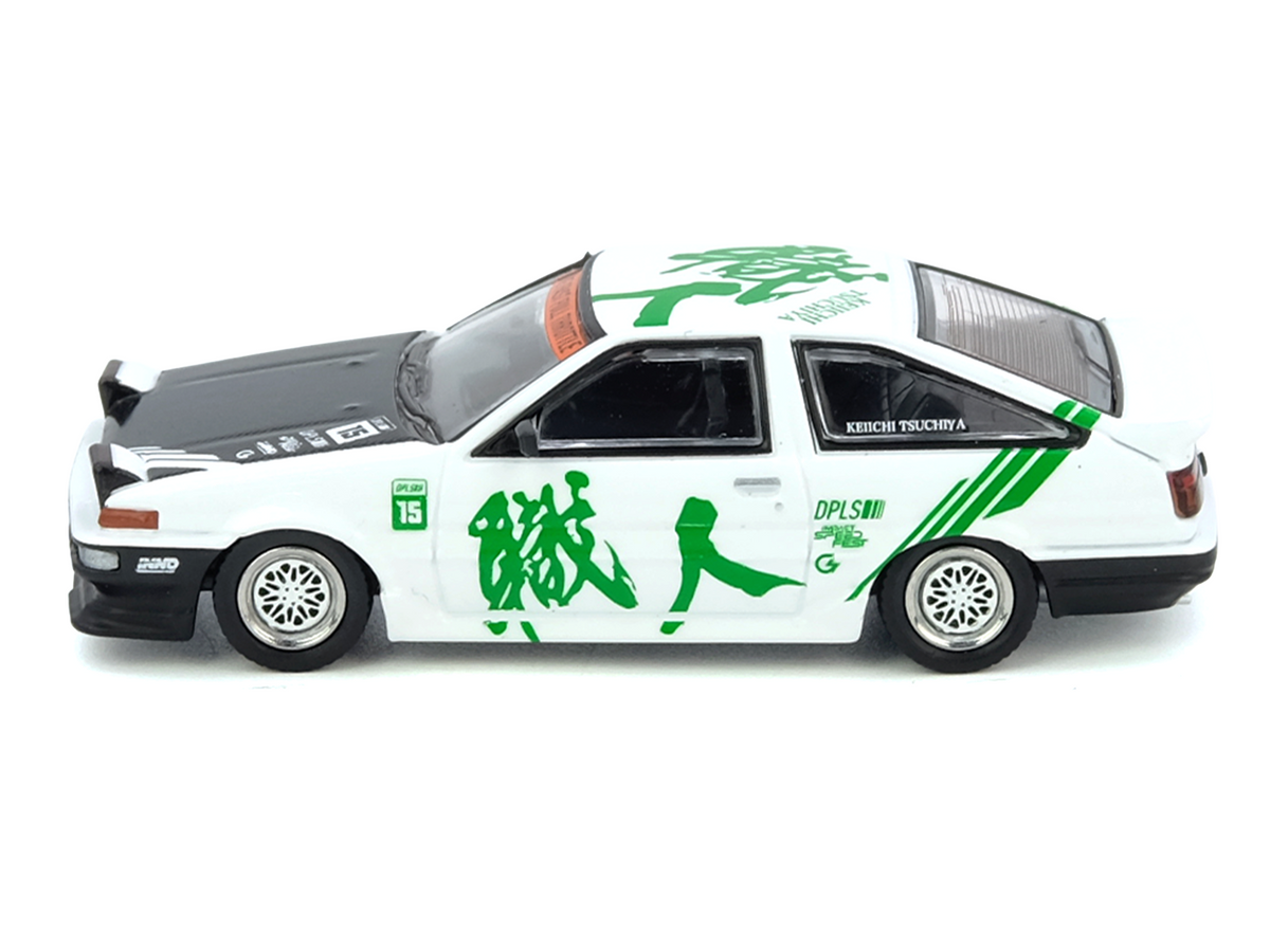 Toyota Sprinter Trueno (AE86) RHD (Right Hand Drive) #15 "Keiichi Tsuchiya" White with Green Graphics 1/64 Diecast Model Car