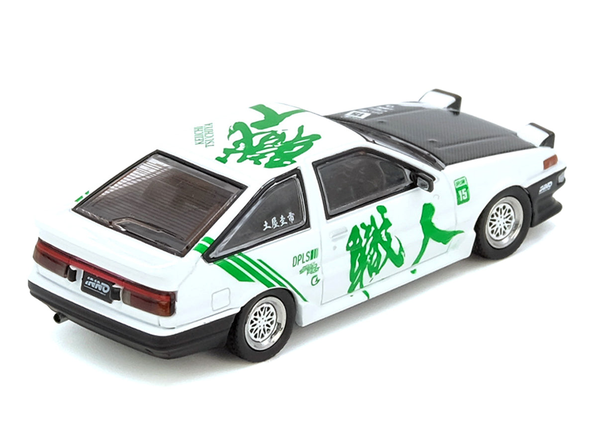 Toyota Sprinter Trueno (AE86) RHD (Right Hand Drive) #15 "Keiichi Tsuchiya" White with Green Graphics 1/64 Diecast Model Car