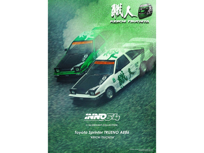 Toyota Sprinter Trueno (AE86) RHD (Right Hand Drive) #15 "Keiichi Tsuchiya" White with Green Graphics 1/64 Diecast Model Car