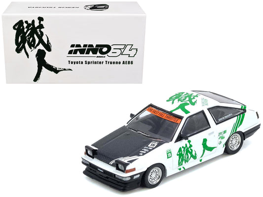 Toyota Sprinter Trueno (AE86) RHD (Right Hand Drive) #15 "Keiichi Tsuchiya" White with Green Graphics 1/64 Diecast Model Car