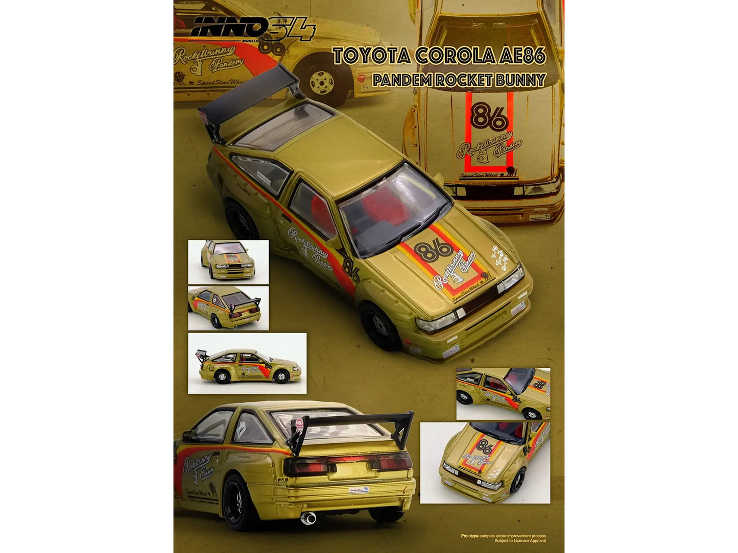 Toyota Levin (AE86) RHD (Right Hand Drive) #86 "Pandem Rocket Bunny" Gold Metallic with Stripes 1/64 Diecast Model Car