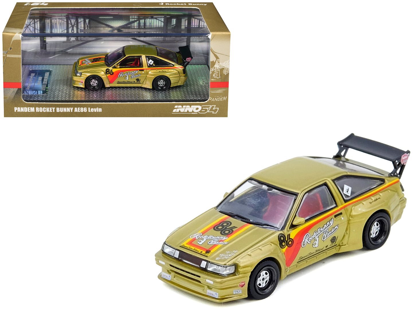 Toyota Levin (AE86) RHD (Right Hand Drive) #86 "Pandem Rocket Bunny" Gold Metallic with Stripes 1/64 Diecast Model Car